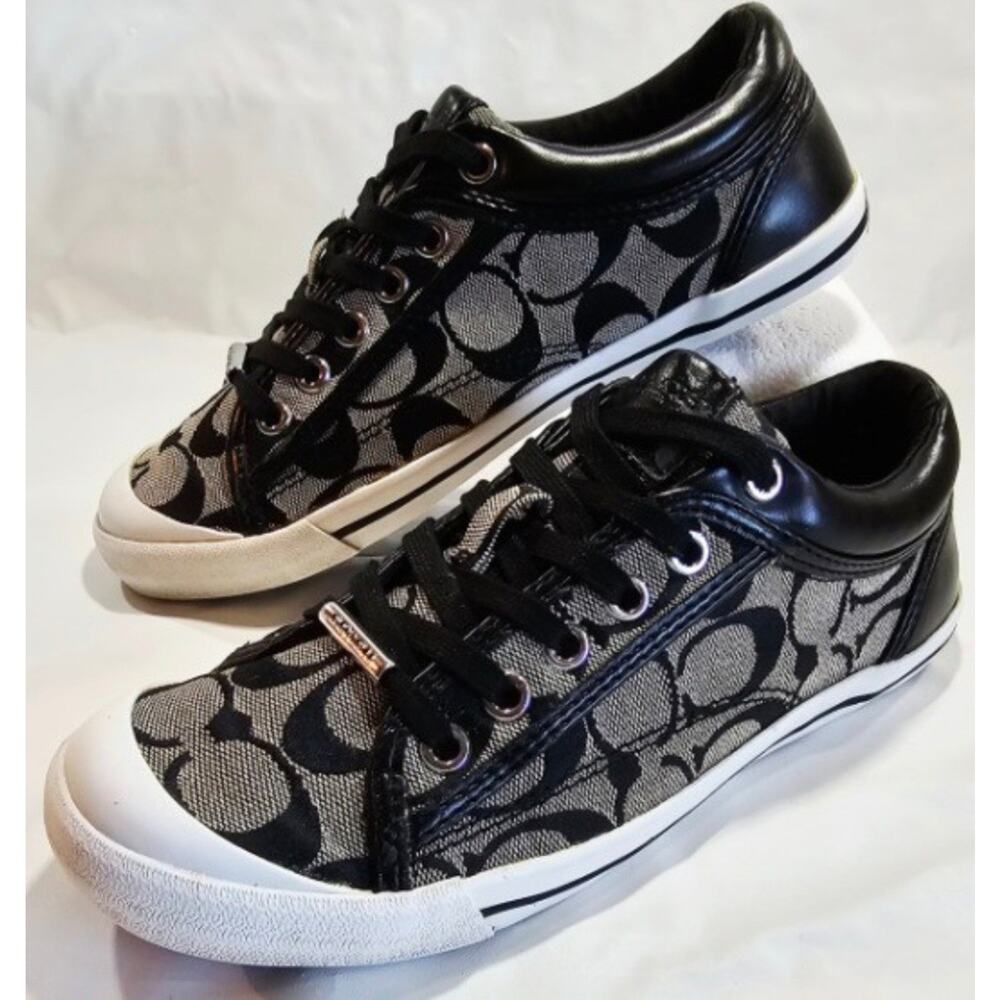 Coach Francesca Sneakers Black/Grey Signature Canvas Logo w/Leather Trim Wm Sz 6